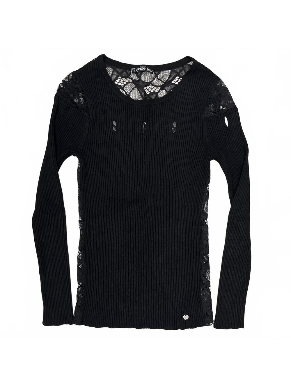 Y2K Rufen Sz M Black Ribbed Long Sleeve With Cutouts And Laced Back Goth Grunge